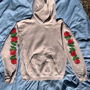Beige Hoodie with Red Rose Sleeve Design